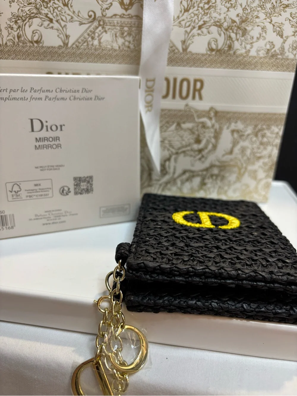 Dior Black Woven Raffia Mirror with Yellow CD chain